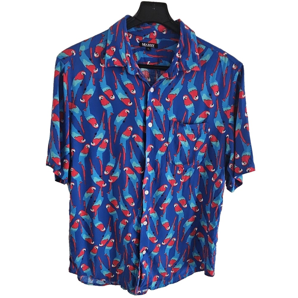 Mix&Ny Hawaiian Shirt Men's L Blue Parrot Print Rayon Aloha Beach Party
